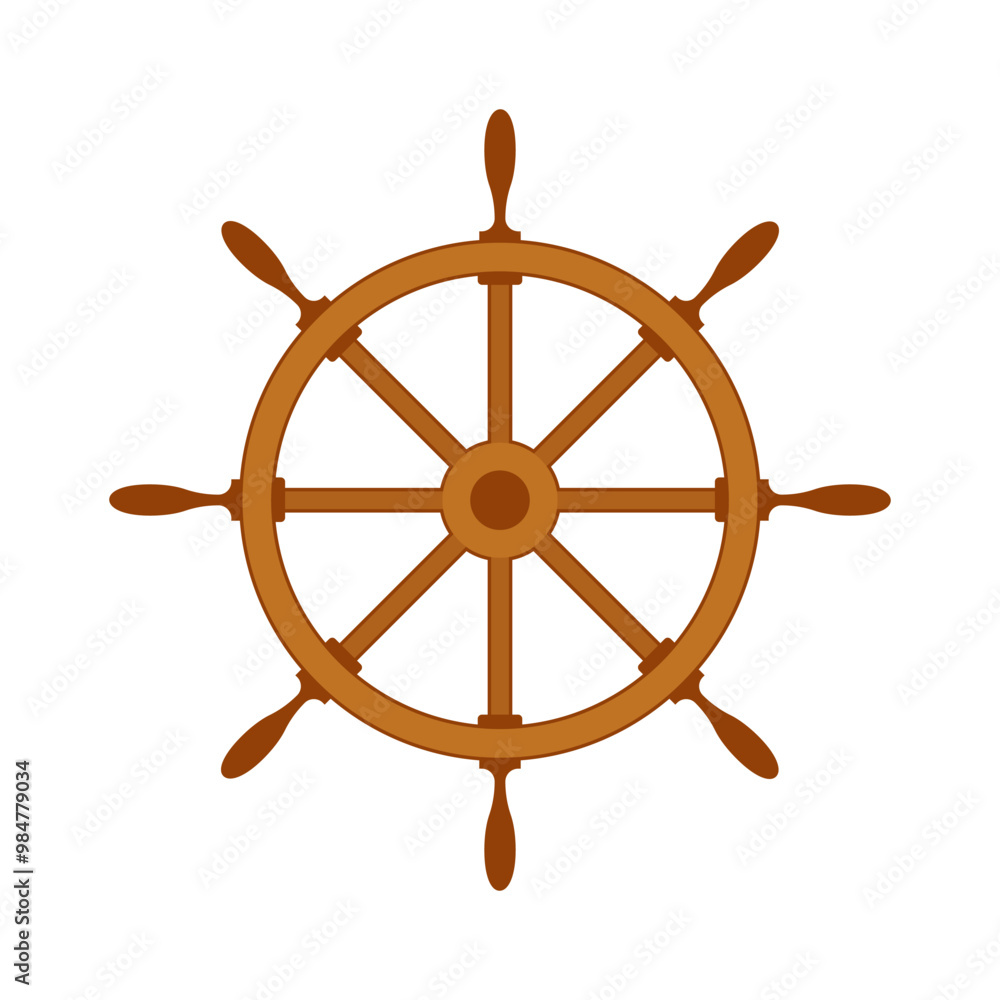 Simple wooden steering wheel in cartoon style on a white background. Isolated classic ship steering wheel