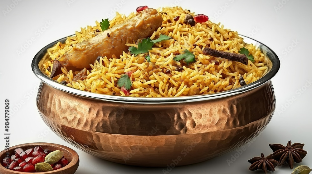 Biriyani in an Indian bowl isolated on a white background Biriyani in an Indian bowl isolated on a white background