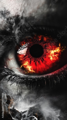 Create for me an image of a vampire eye, red in color with black effects inside that are shiny and magnificent, very eye-catching photo