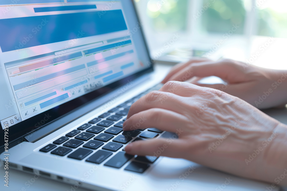 Hands typing on laptop with online security concept on screen. Hands typing on laptop with online security concept on screen.
