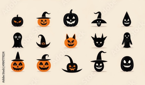 set of simple halloween icon, flat icons featuring classic Halloween symbols like a pumpkin, ghost, bat, witch hat, black cat, and spider. set of halloween icons