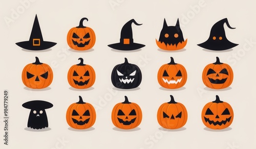 set of simple halloween icon, flat icons featuring classic Halloween symbols like a pumpkin, ghost, bat, witch hat, black cat, and spider. set of halloween icons