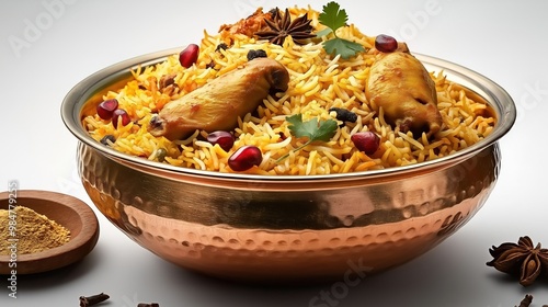 Biriyani in an Indian bowl isolated on a white background photo