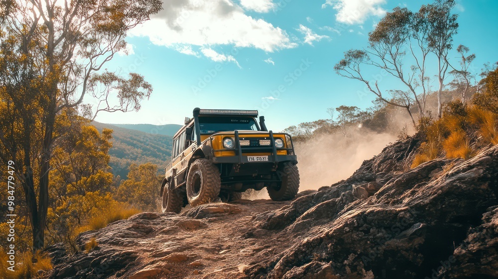 Off-road truck driving over rugged terrain, climbing steep hills and navigating through the wilderness Off-road truck driving over rugged terrain, climbing steep hills and navigating through the wilderness