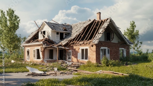 A dilapidated house showcasing its damaged roof and crumbling structure, surrounded by overgrown grass and trees.