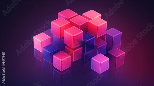 Abstract 3D Render of Stacked Pink and Blue Cubes with Reflection.