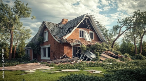 A damaged brick house with a collapsed roof and overgrown greenery, set against a cloudy sky.