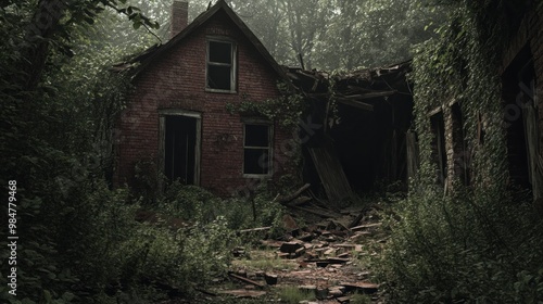 An abandoned brick house overtaken by nature, surrounded by dense greenery and debris.