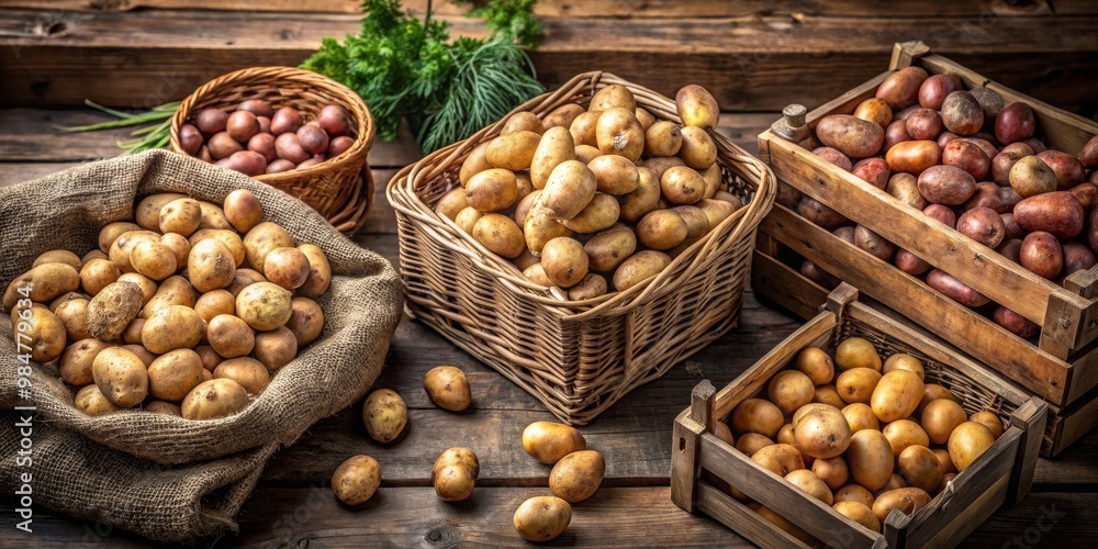 Rustic Harvest Bounty - Closeup of Varied Potatoes in Wicker Basket on Wooden Surface, Warm Earthy Tones, Farm Fresh Still Life for Culinary and Rustic Themes Rustic Harvest Bounty - Closeup of Varied Potatoes in Wicker Basket on Wooden Surface, Warm Earthy Tones, Farm Fresh Still Life for Culinary and Rustic Themes