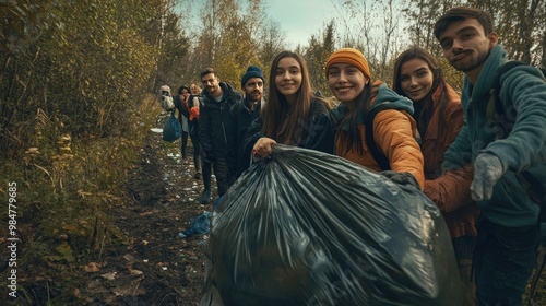 A diverse group of young adults smiling while participating in a community clean-up in nature.