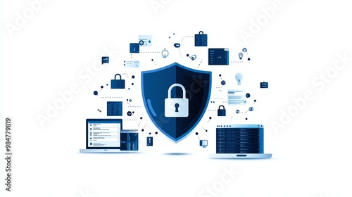 Digital security concept with a blue shield and padlock surrounded by cybersecurity icons and devices, representing data protection and safety.