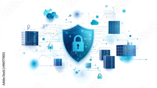 Digital security concept with shield and padlock protecting data in virtual networks. Ideal for cybersecurity and data protection themes. photo