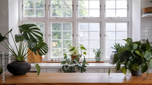 Wooden Countertop with Plants and Window View