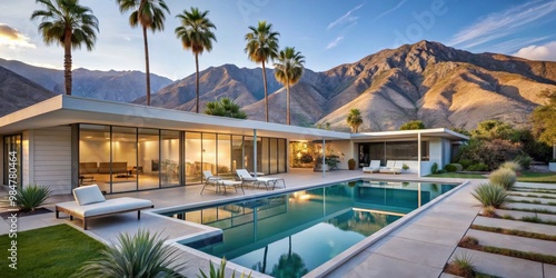 Serene Luxury Modern Minimalist House with Reflective Pool and Majestic Mountain Backdrop, Tranquil Sunset Setting Ideal for Real Estate, Travel, and Design Concepts