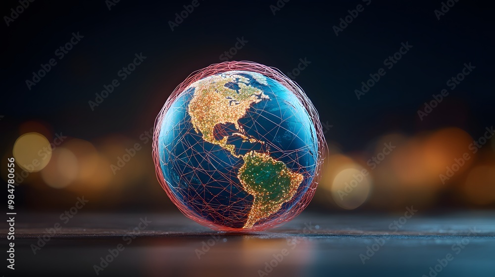 A stunning 3D representation of the Earth, showcasing illuminated continents against a blurred backdrop of lights. A stunning 3D representation of the Earth, showcasing illuminated continents against a blurred backdrop of lights.