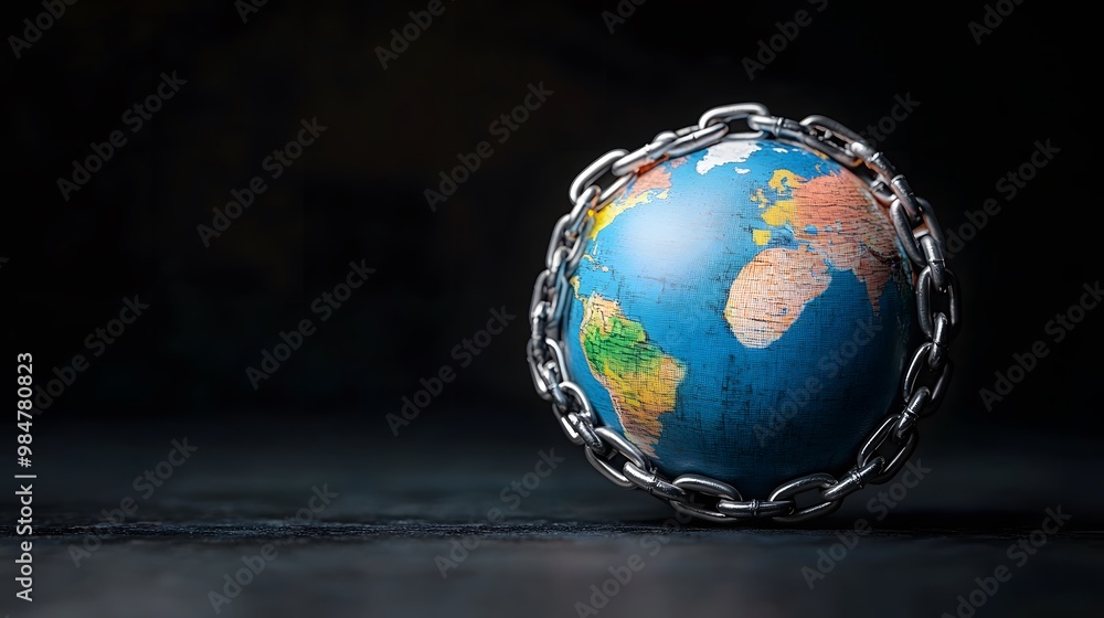 A globe encircled by a chain symbolizing restrictions and challenges faced by the world today. A globe encircled by a chain symbolizing restrictions and challenges faced by the world today.
