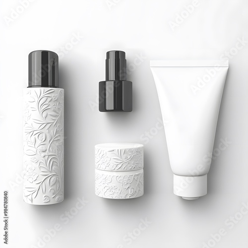 Elegant white cosmetic containers with floral designs, ideal for skincare branding and beauty product photography. photo