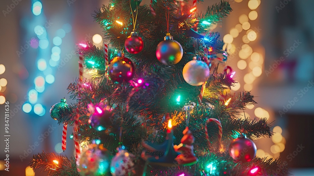 A children's Christmas tree filled with colorful, playful ornaments and bright, multicolored string lights.