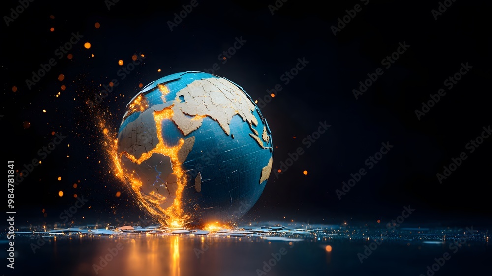 A digitally rendered globe shattering, symbolizing environmental impact and global change with dynamic sparks of energy. A digitally rendered globe shattering, symbolizing environmental impact and global change with dynamic sparks of energy.