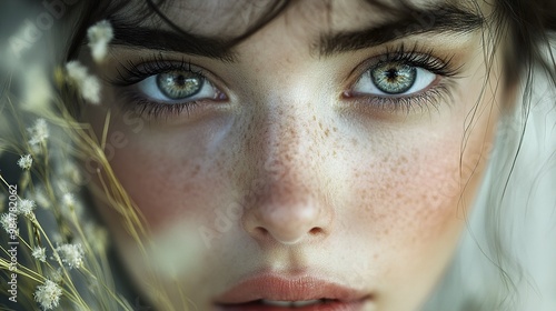 Close Up Portrait of a Woman with Green Eyes and Freckles