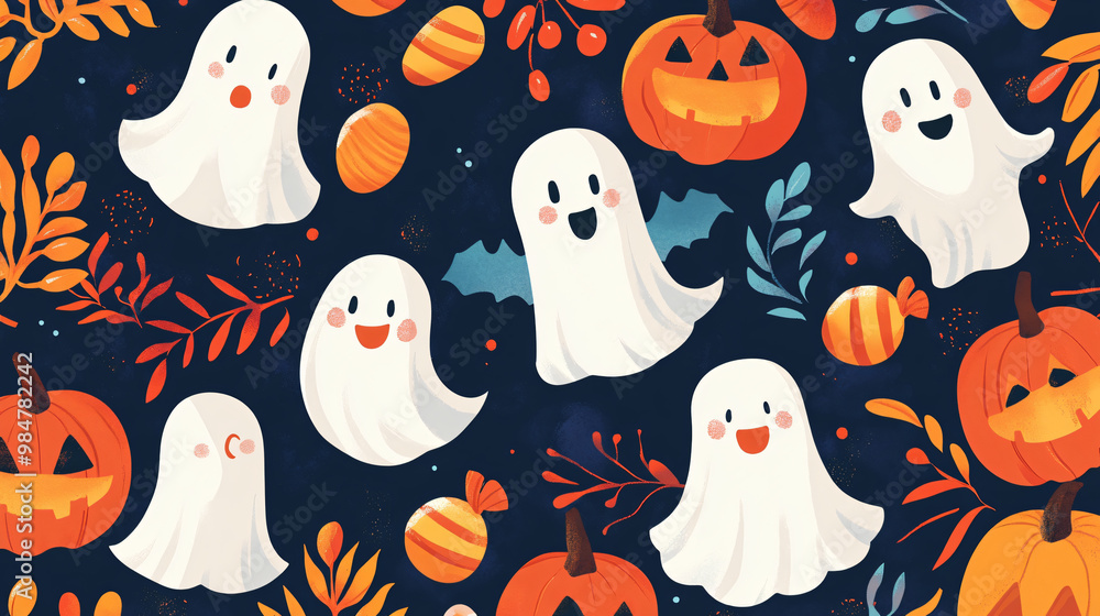 A Halloween greeting card with whimsical ghosts, friendly pumpkins, and colorful candy illustrations. A Halloween greeting card with whimsical ghosts, friendly pumpkins, and colorful candy illustrations.