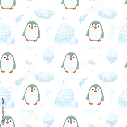 Cute seamless penguin pattern in vector. Cartoon penguins with winter elements of snow, ice floes and igloos. Ideal for fabric, textiles, wallpaper. Vector illustration