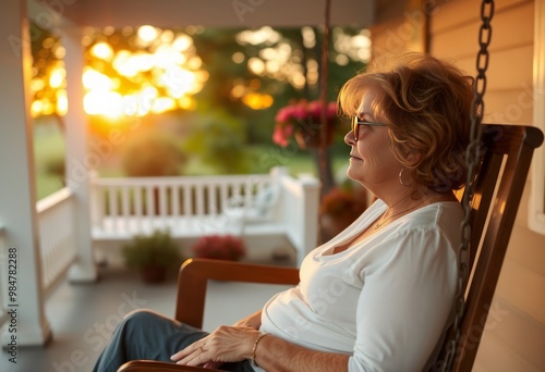 Person A A woman in her s sitting on a porch swing gently swayin photo