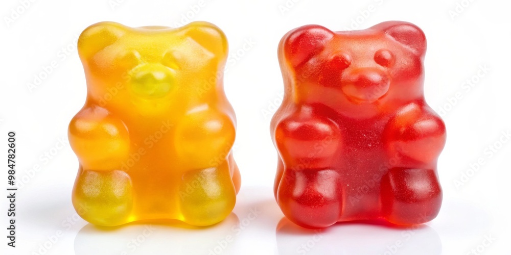 Sugar Rush Delight Vibrant Gummy Bears Duo in Close-Up Macro View on Clean White Background - Festive Sweetness for Valentine's Day and More Sugar Rush Delight Vibrant Gummy Bears Duo in Close-Up Macro View on Clean White Background - Festive Sweetness for Valentine's Day and More