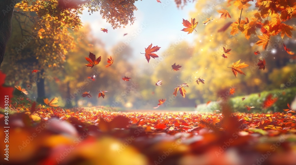 A vibrant autumn scene with swirling orange and red leaves dancing through the air in a serene forest setting. A vibrant autumn scene with swirling orange and red leaves dancing through the air in a serene forest setting.