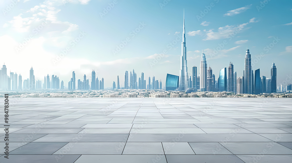 Empty square floor and city skyline with building background. dubai. City Skyline. Illustration Empty square floor and city skyline with building background. dubai. City Skyline. Illustration