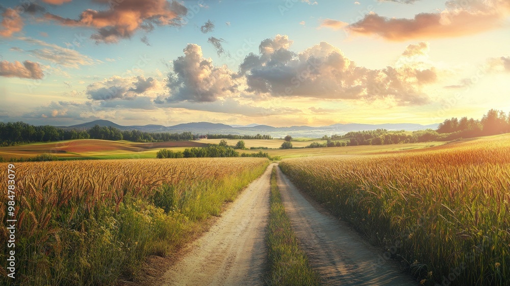 A serene sunset landscape featuring a winding dirt path surrounded by golden fields. A serene sunset landscape featuring a winding dirt path surrounded by golden fields.