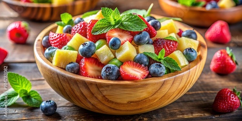 Summery Fresh Fruit Salad in Wooden Bowl Vibrant Strawberries, Blueberries, Pineapple - Healthy Eating Concept for Recipes and Food Blogs