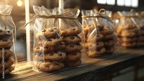 Deliciously packaged cookies in clear bags, tied with twine, displayed in a warm, inviting setting, perfect for treats or gifts. photo