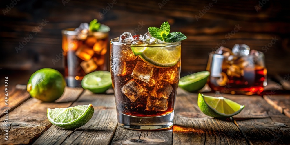 Summery Refreshment Close-up of Cola with Lime and Mint on Rustic Wooden Surface, Festive and Inviting Drink Photography for Advertisement and Editorial Use Summery Refreshment Close-up of Cola with Lime and Mint on Rustic Wooden Surface, Festive and Inviting Drink Photography for Advertisement and Editorial Use