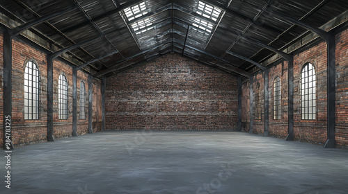 Empty old warehouse interior with brick walls, concrete floor, and a black steel roof structure. Abandoned Warehouse. Illustration