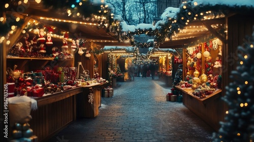 A Christmas market with wooden stalls selling ornaments and gifts, decorated with sparkling holiday lights and garlands.