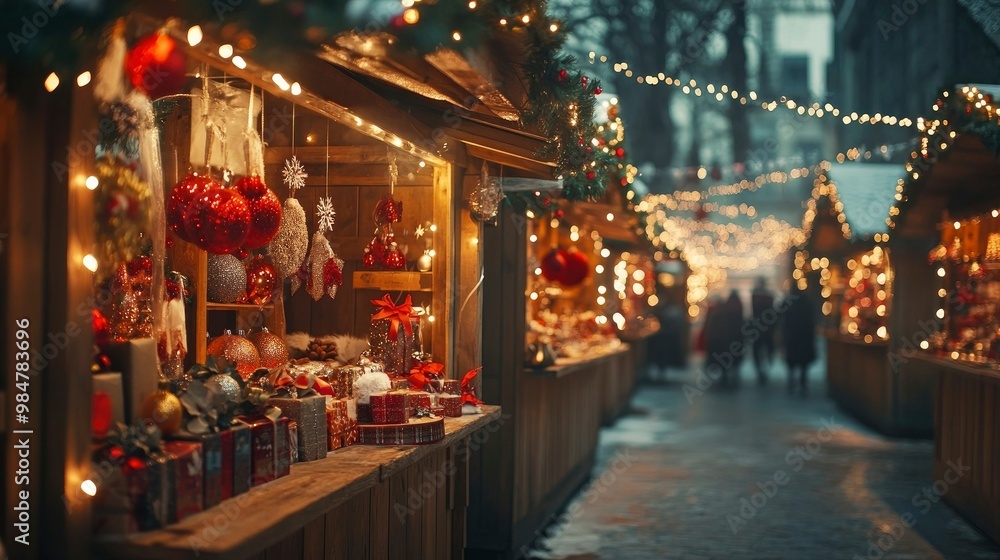 A Christmas market with wooden stalls selling ornaments and gifts, decorated with sparkling holiday lights and garlands. A Christmas market with wooden stalls selling ornaments and gifts, decorated with sparkling holiday lights and garlands.