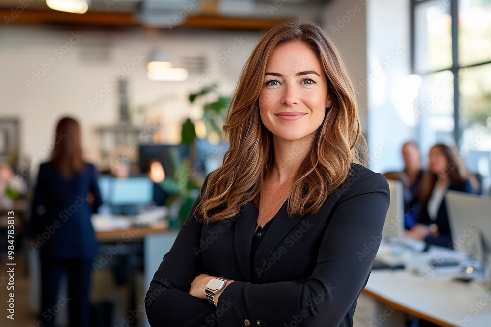 Portrait of a smiling businesswoman standing with arms crossed in a modern open-plan office. Professional headshot for corporate use with blurred colleagues working in the background Portrait of a smiling businesswoman standing with arms crossed in a modern open-plan office. Professional headshot for corporate use with blurred colleagues working in the background