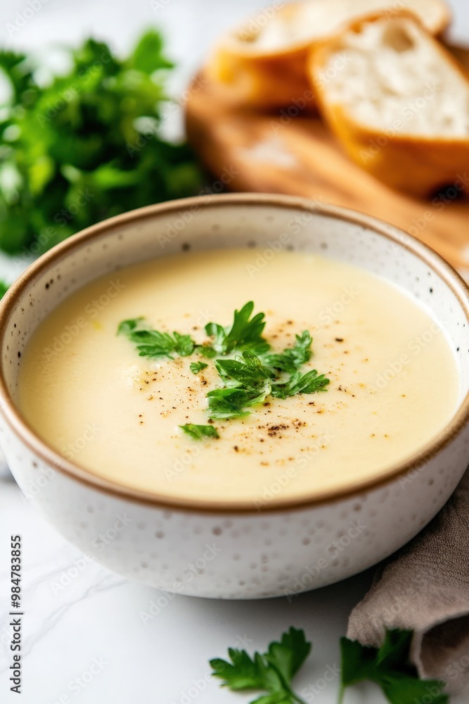 Creamy potato soup garnished with fresh herbs served with crusty bread on a rustic table Creamy potato soup garnished with fresh herbs served with crusty bread on a rustic table