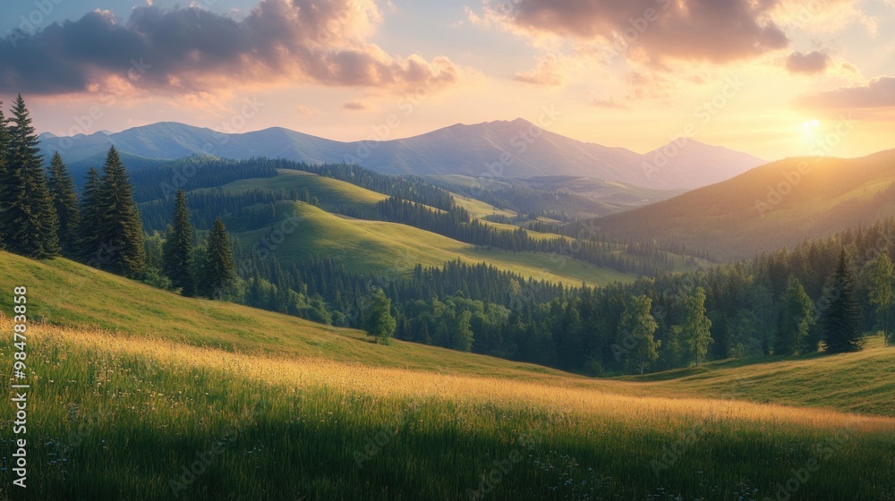 Stunning sunrise over rolling green hills, framed by towering evergreen trees and majestic mountain peaks in the distance. Stunning sunrise over rolling green hills, framed by towering evergreen trees and majestic mountain peaks in the distance.