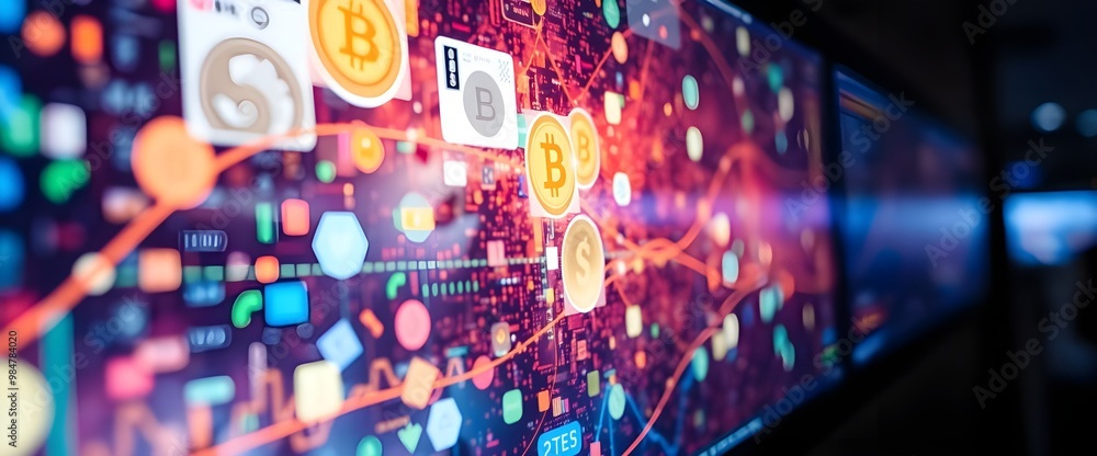 The screen’s vibrant colors and the detailed textures screen displaying abstract currencies. The screen’s vibrant colors and the detailed textures screen displaying abstract currencies.