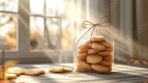 A cozy scene featuring a bag of cookies with sunlight streaming through a window, creating a warm atmosphere. photo