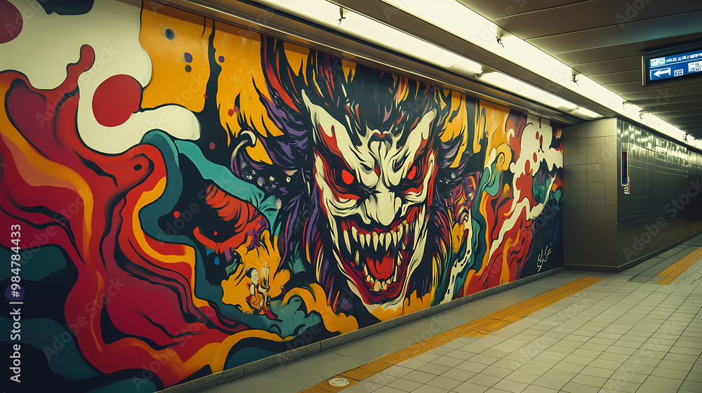 Colorful graffiti mural of a japanese demon in a subway station. Yokai. Illustration Colorful graffiti mural of a japanese demon in a subway station. Yokai. Illustration