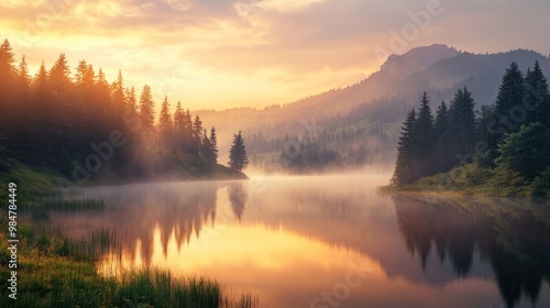 A serene sunset over a tranquil lake, surrounded by evergreen trees and misty mountains.