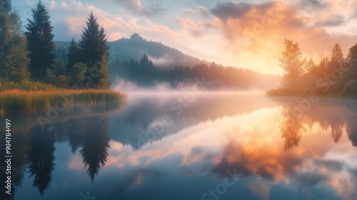 A serene sunrise over a tranquil lake, with vibrant colors reflecting off the water's surface and mist rising from the shore.