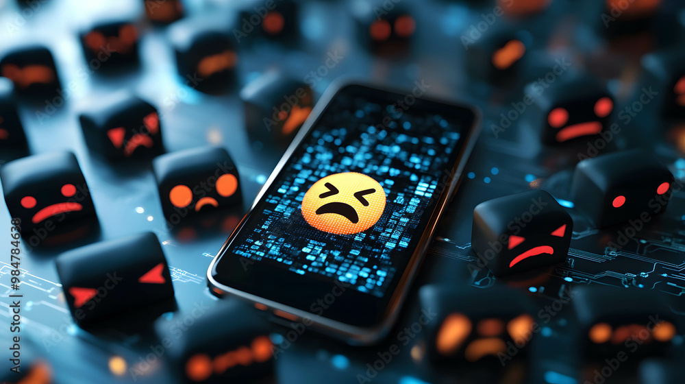 Smartphone in the center of the image, surrounded by angry faces ...