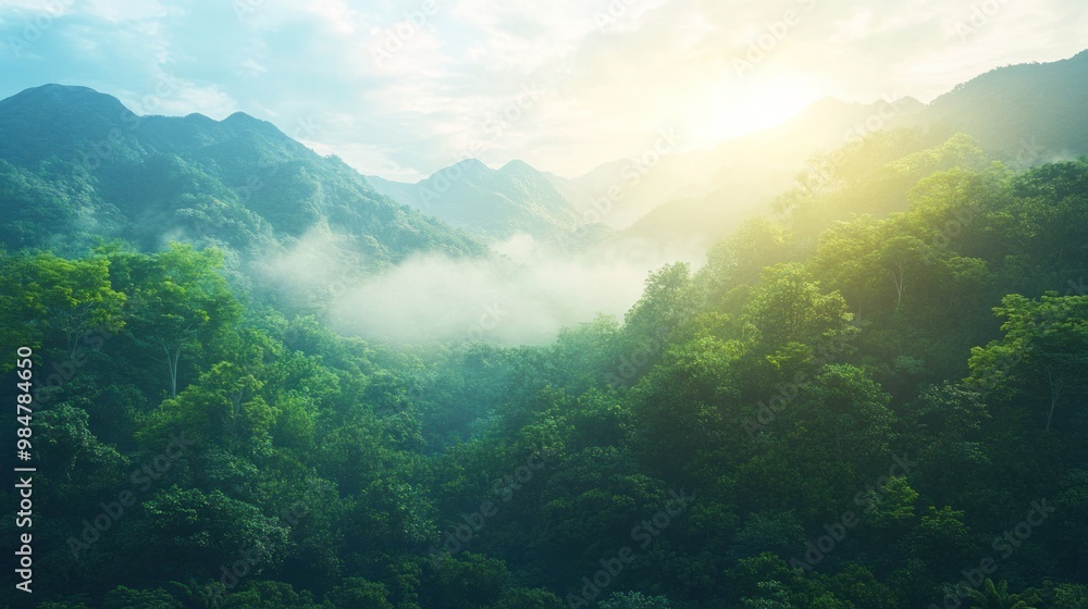 Obraz premium Breathtaking view of lush green mountains at sunrise, with mist gently rising through the trees, creating a serene atmosphere.