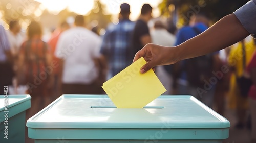 Hand Putting Ballot in Ballot Box at Election or Voting Booth photo