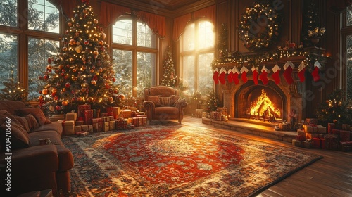 Wallpaper Mural Cozy living room on Christmas Eve, fireplace glowing, stockings hung, and a decorated tree sparkling with lights and ornaments, 3D illustration Torontodigital.ca