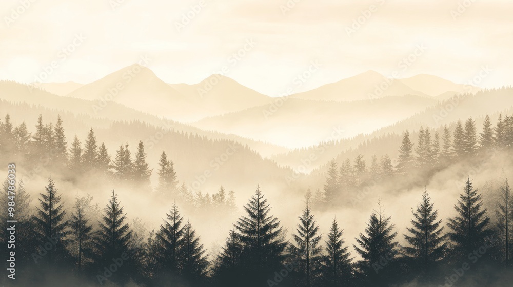 Fototapeta premium A serene misty landscape of evergreen trees and distant mountains under a soft, golden haze.